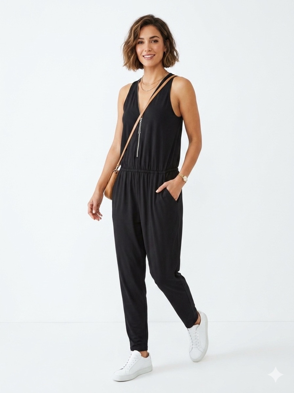 Black Sleeveless Jumpsuit Size Small Zip Front Wide Leg Pockets